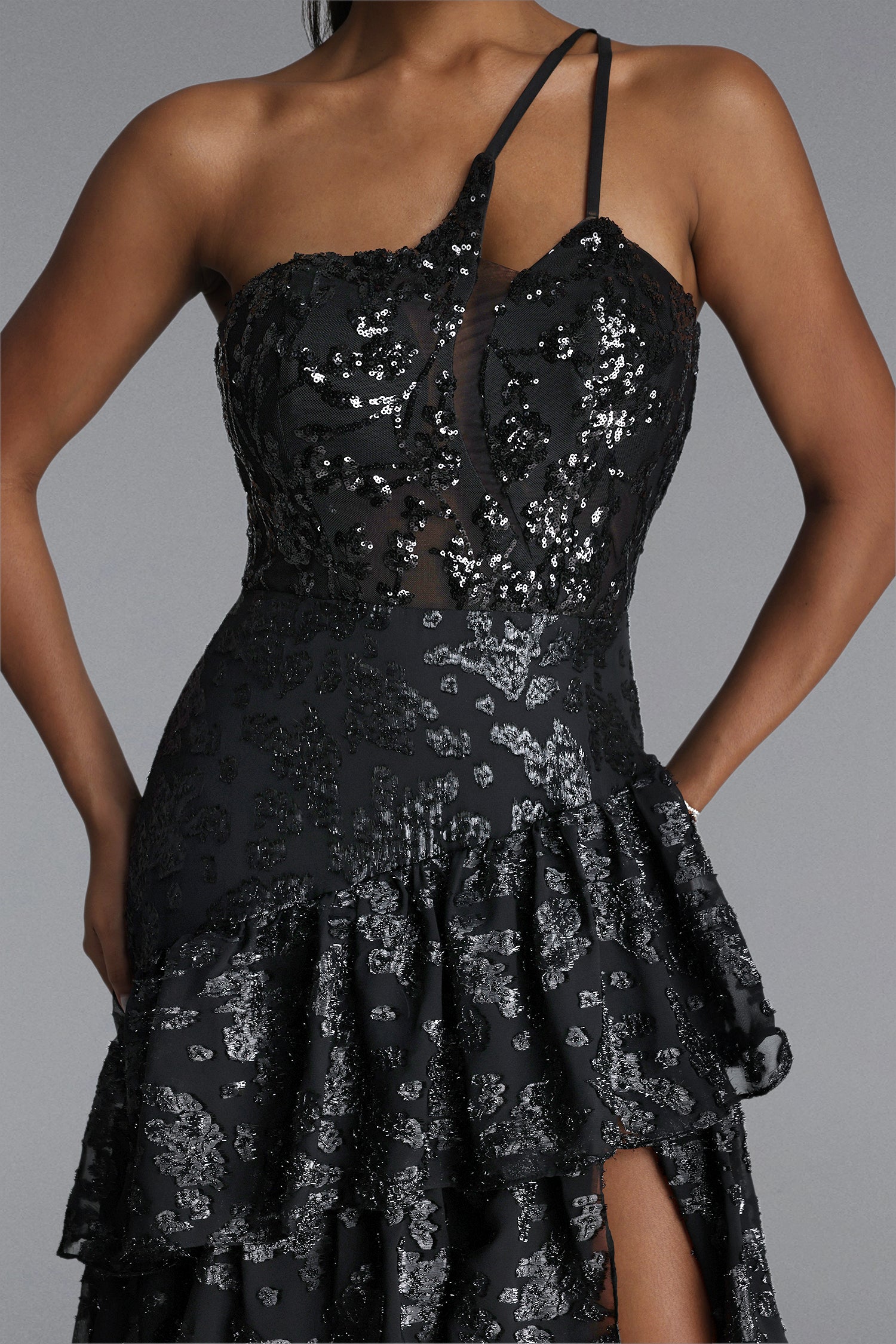 Shaney Elegant Contour One Shoulder Tiered Ruffle Lace Maxi Dress