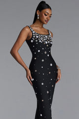 Jellay Glamorous Contour Rhinestone Buttoned Bandage Maxi Dress