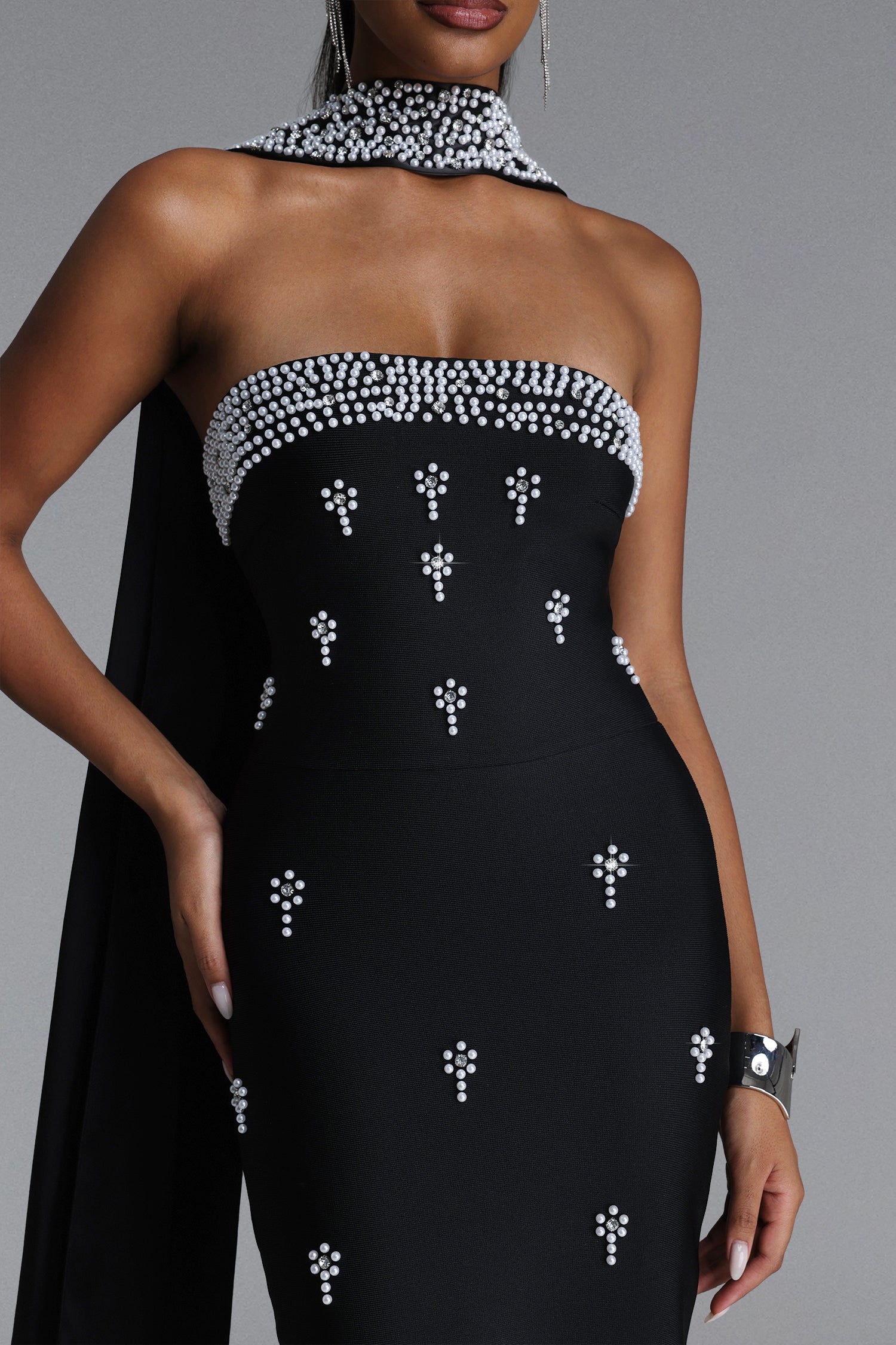 Marina Glamorous Contour Strapless Rhinestone Bandage Maxi Dress