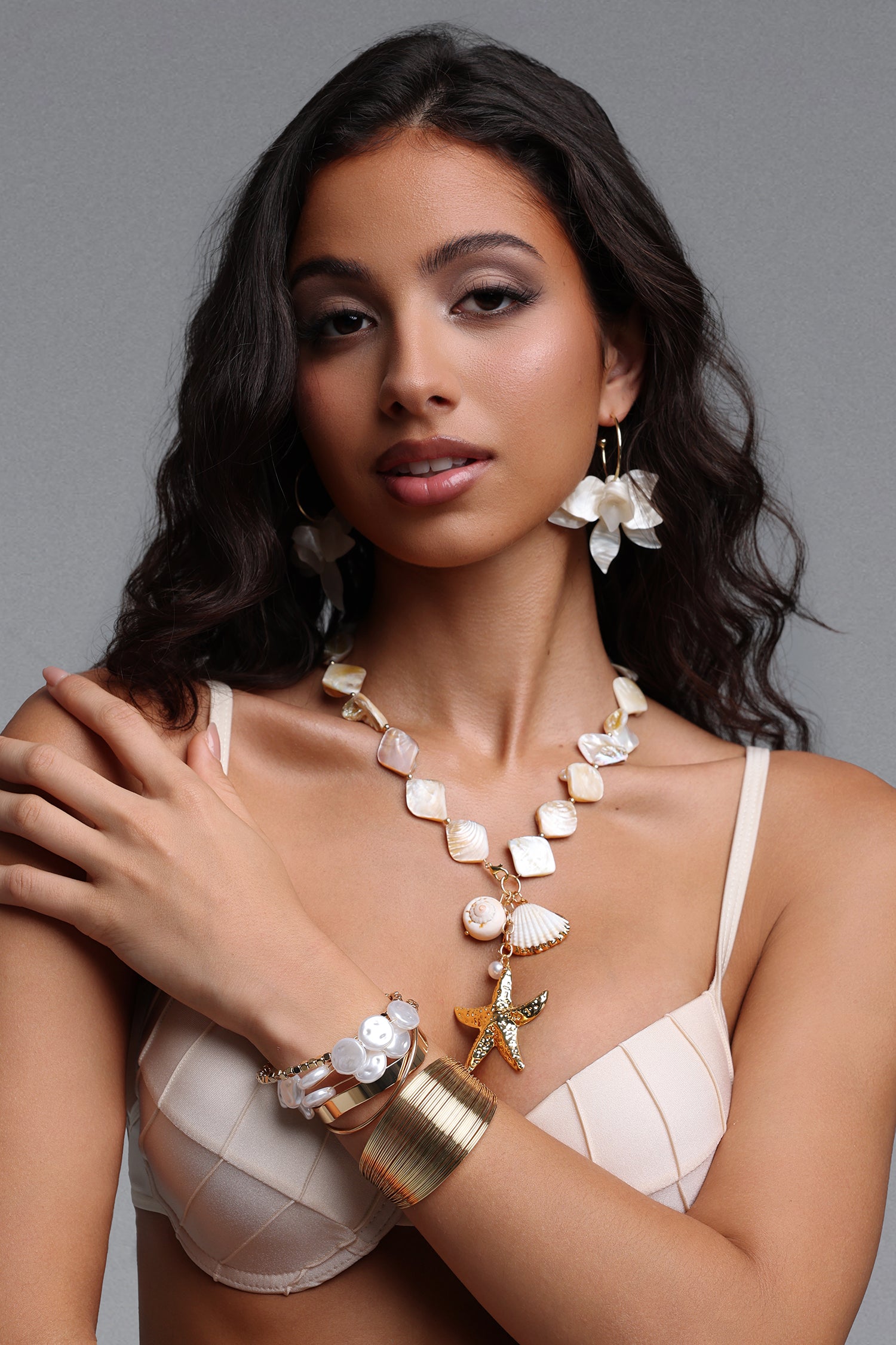 Kosala Layered Pearl Gold Wire Bracelet Set