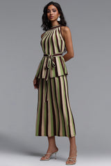 Kerade Resort Flowy Sleeveless Stripe Knit Top and Skirt Two Piece Set
