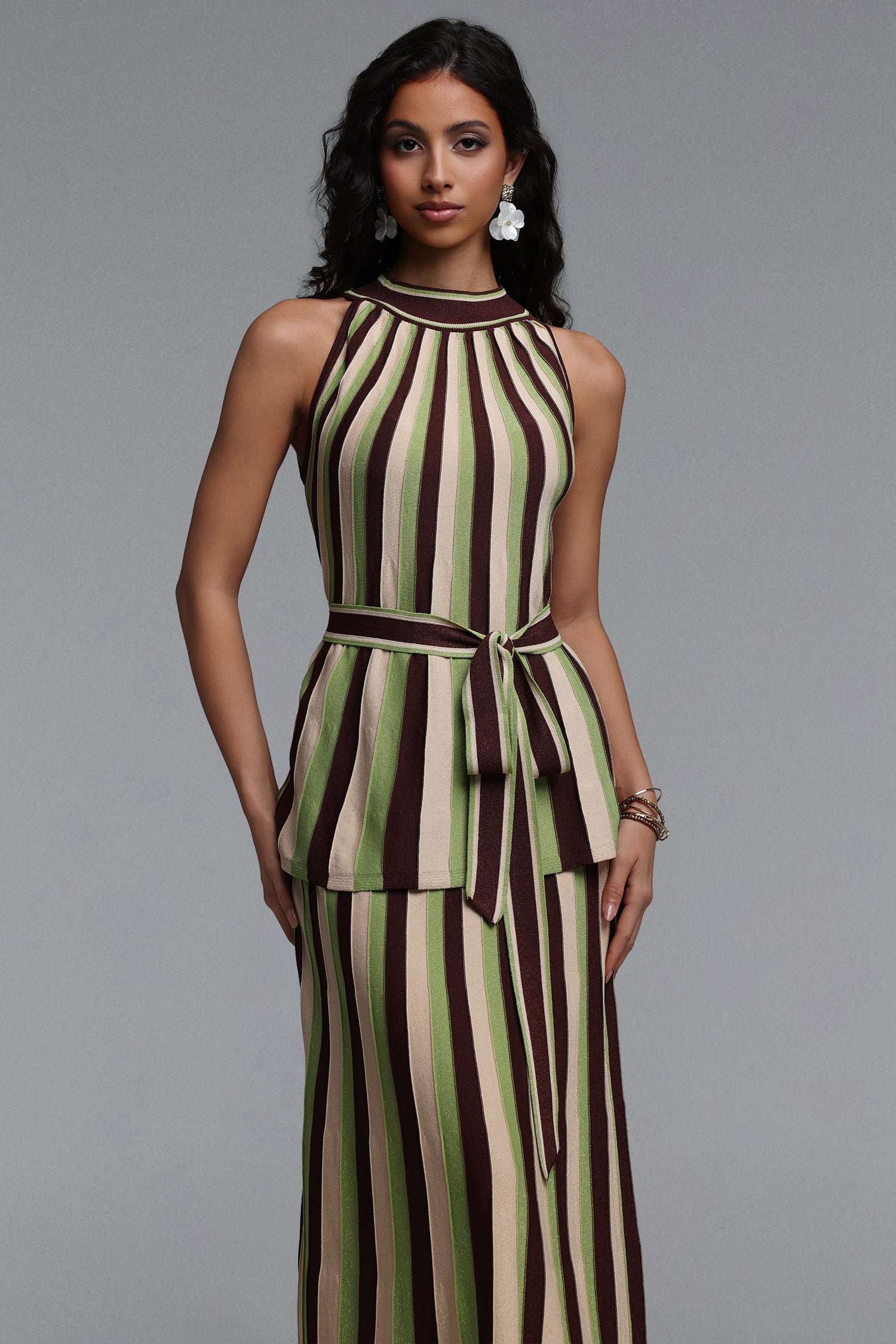 Kerade Resort Flowy Sleeveless Stripe Knit Top and Skirt Two Piece Set