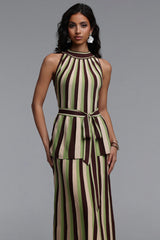 Kerade Resort Flowy Sleeveless Stripe Knit Top and Skirt Two Piece Set