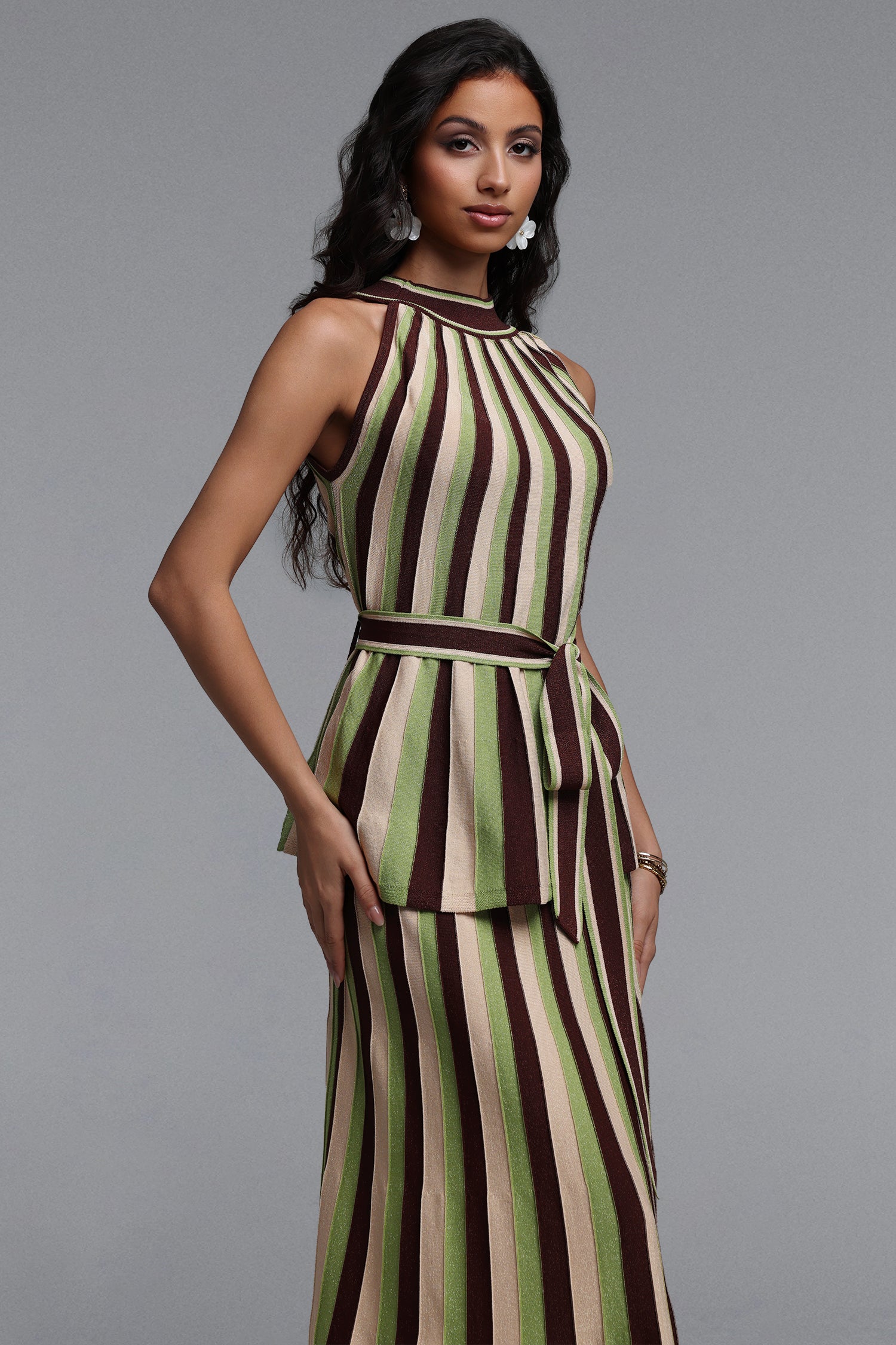 Kerade Resort Flowy Sleeveless Stripe Knit Top and Skirt Two Piece Set