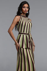 Kerade Resort Flowy Sleeveless Stripe Knit Top and Skirt Two Piece Set