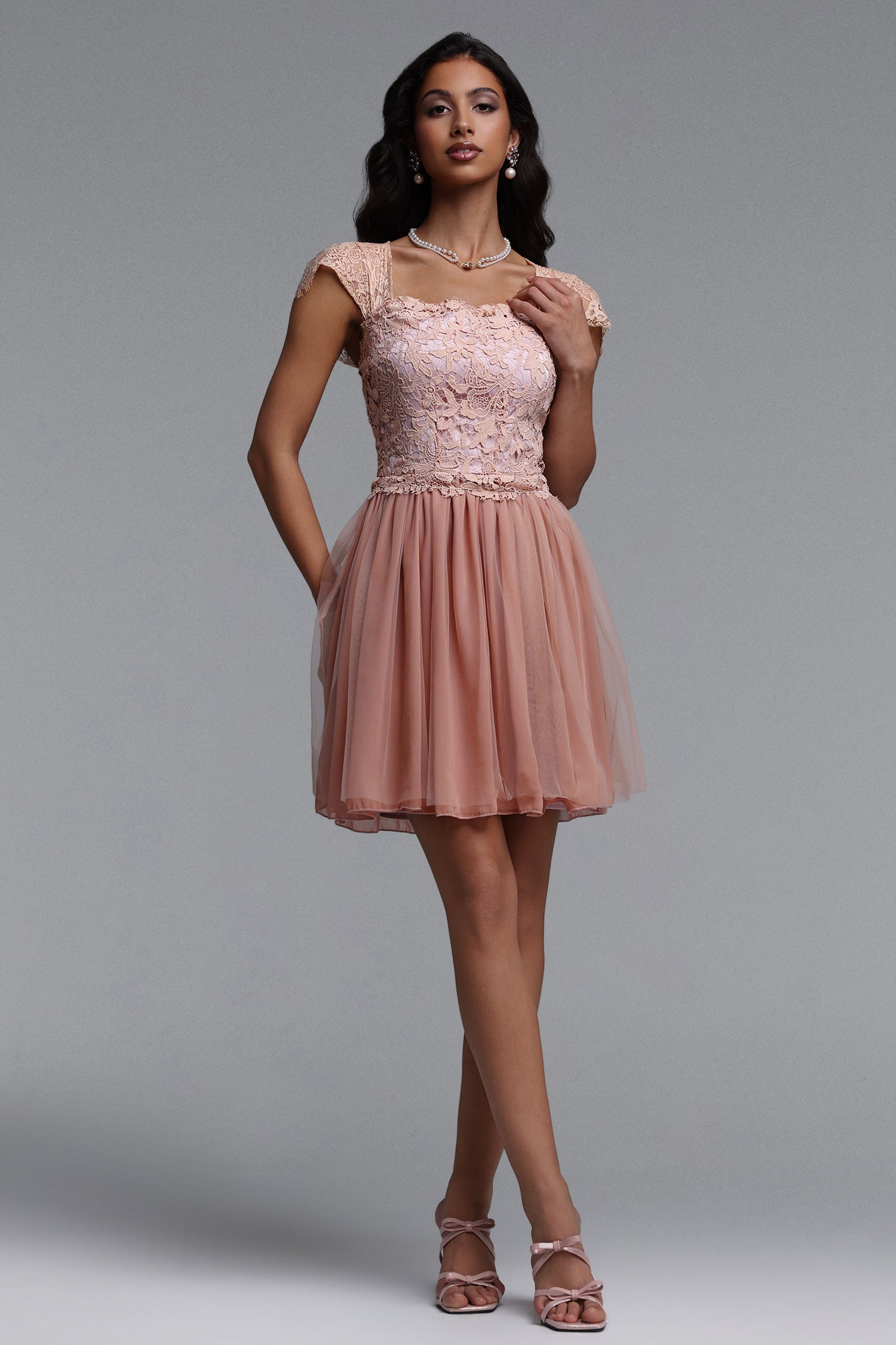 Guga Resort Cinched Short Sleeve Lace Tulle Mini Dress