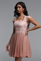 Guga Resort Cinched Short Sleeve Lace Tulle Mini Dress