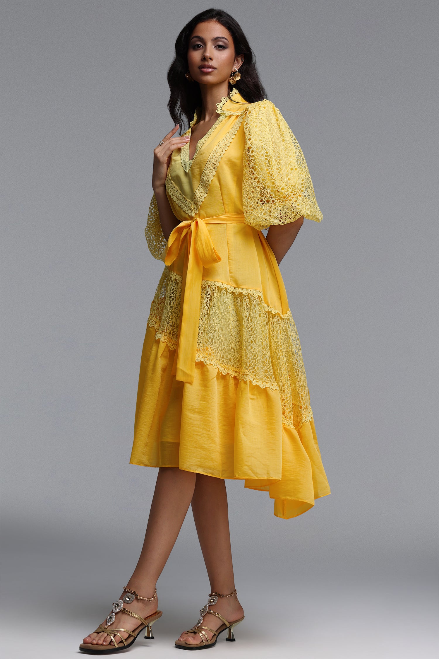 Kila Resort Flowy V Neck Puff Sleeve Woven Mini Dress