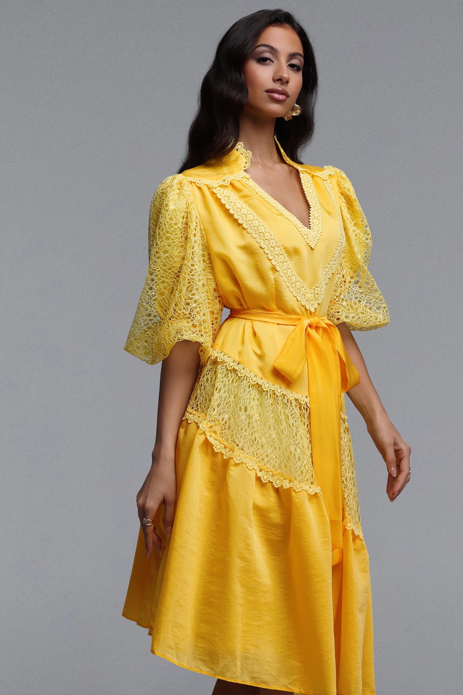 Kila Resort Flowy V Neck Puff Sleeve Woven Mini Dress