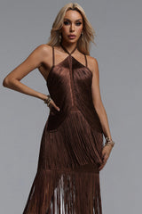 Kivi Bandage Halter Tassel Brown Maxi Dress