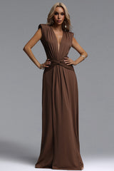 Rosi Chic Contour Sleeveless V Neck Ruched Maxi Dress