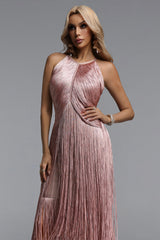 Taye Classic Contour Halter Fringe Bandage Pink Maxi Dress