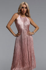 Taye Classic Contour Halter Fringe Bandage Pink Maxi Dress