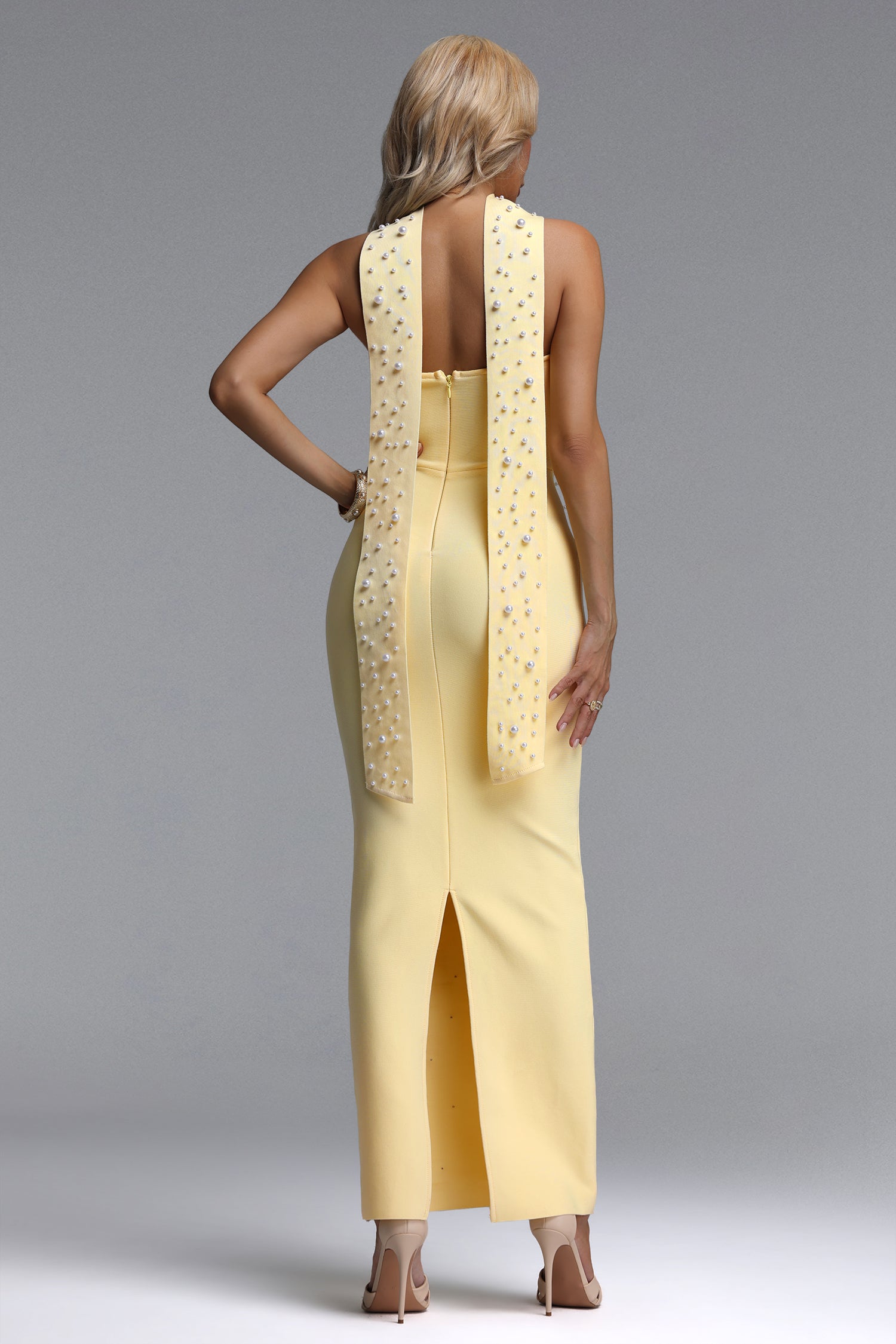 Dierea Glamorous Contour Strapless Pearl Bandage Yellow Maxi Dress