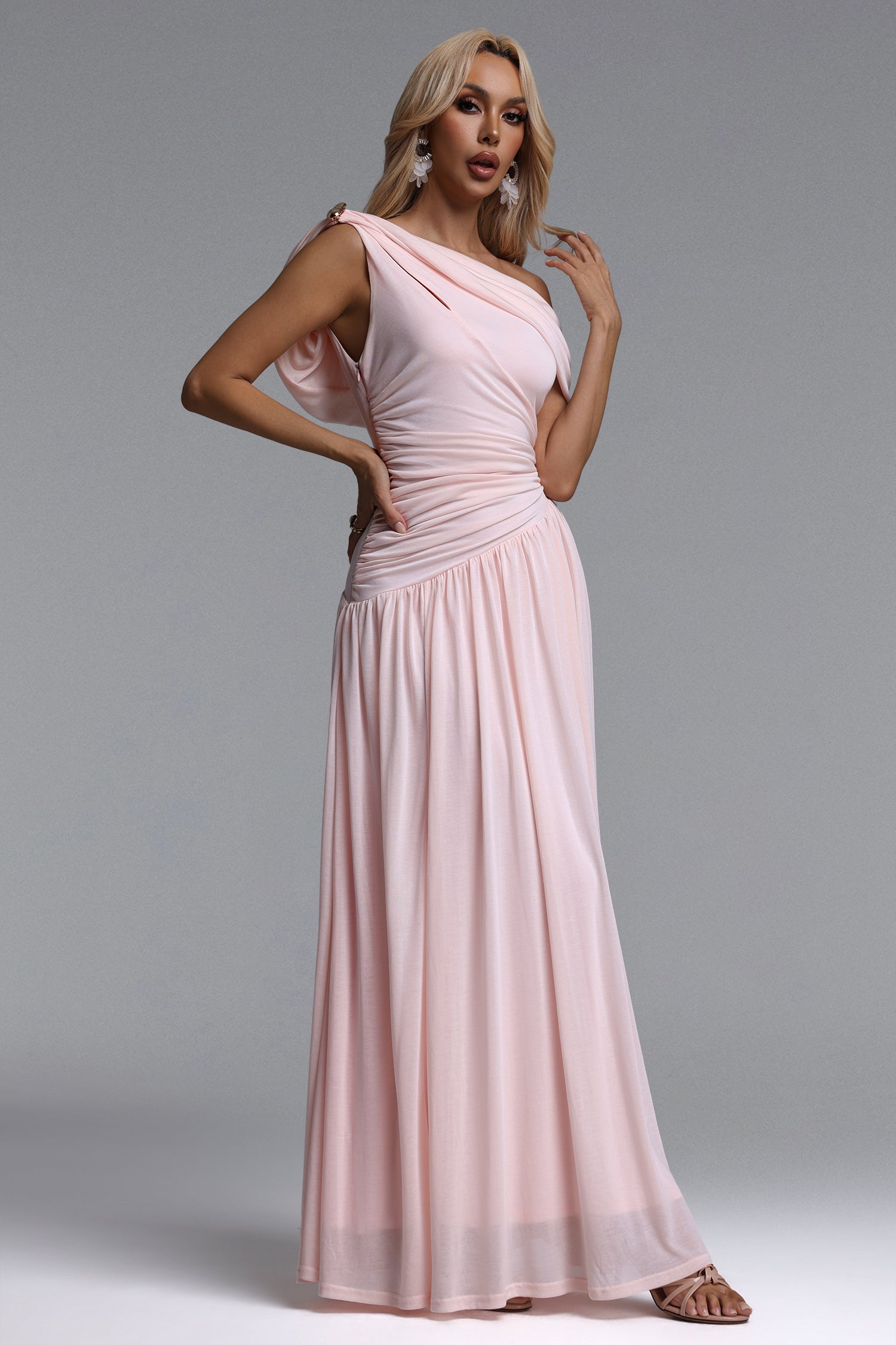 Salina Elegant Contour Sleeveless Asymmetric Cut Out Ruched Pink Knit Maxi Dress