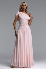Salina Elegant Contour Sleeveless Asymmetric Cut Out Ruched Pink Knit Maxi Dress