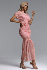 Vocca Romantic Contour Ruched Floral Print Sheer Pink Maxi Dress