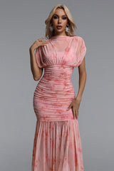 Vocca Romantic Contour Ruched Floral Print Sheer Pink Maxi Dress