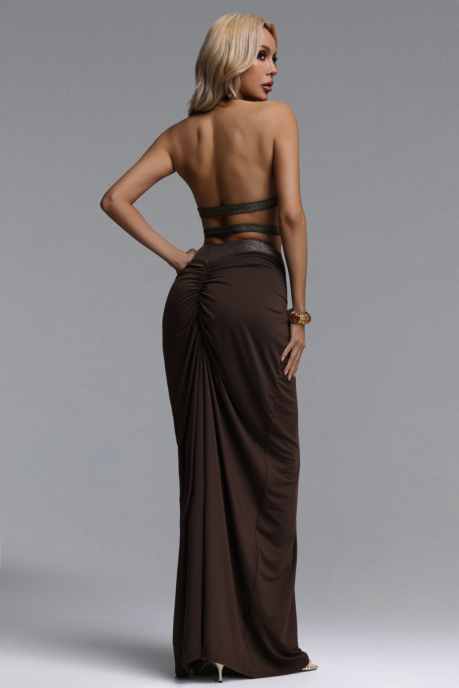 Salerio Sexy Flowy Halter V Neck Cut Out Ruched Top and Skirt Set