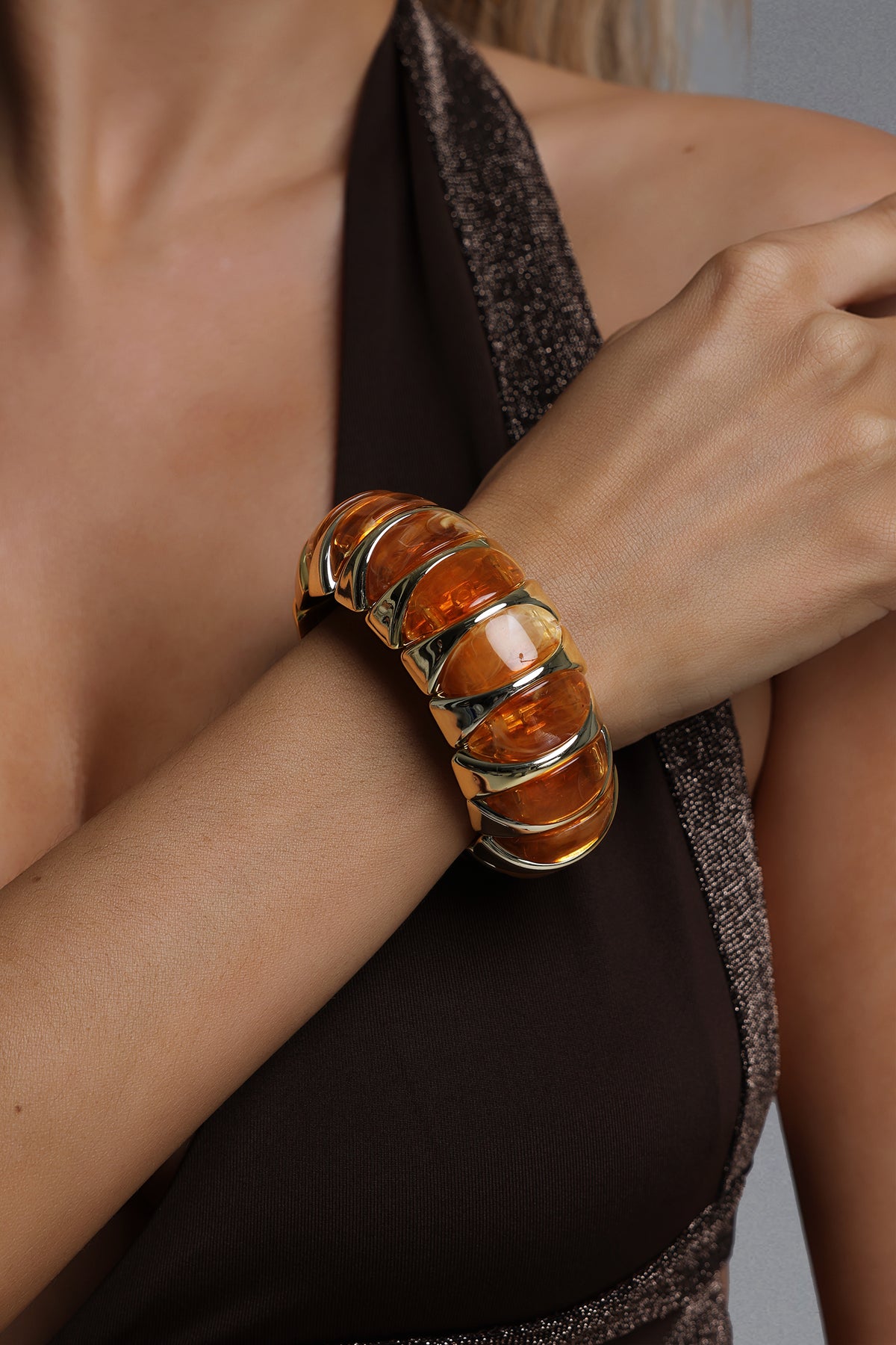 Myra Segmented Amber Resin and Metal Bangle