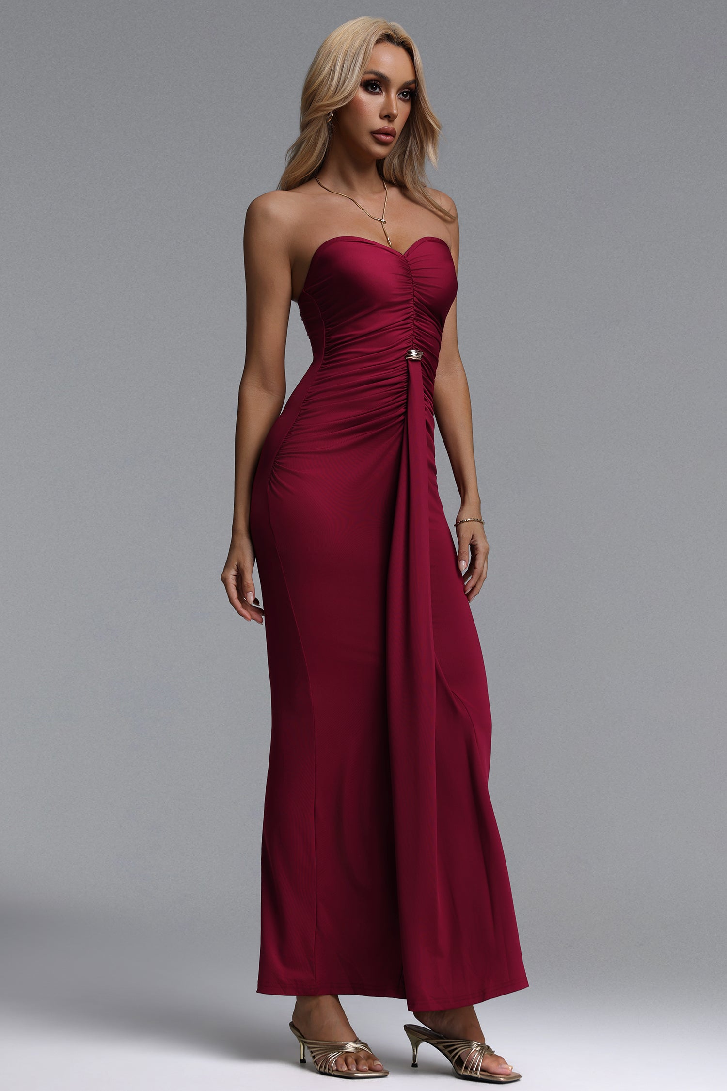 Verde Chic Contour Strapless Ruched Knit Red Maxi Dress
