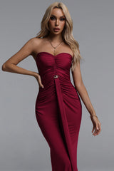 Verde Chic Contour Strapless Ruched Knit Red Maxi Dress