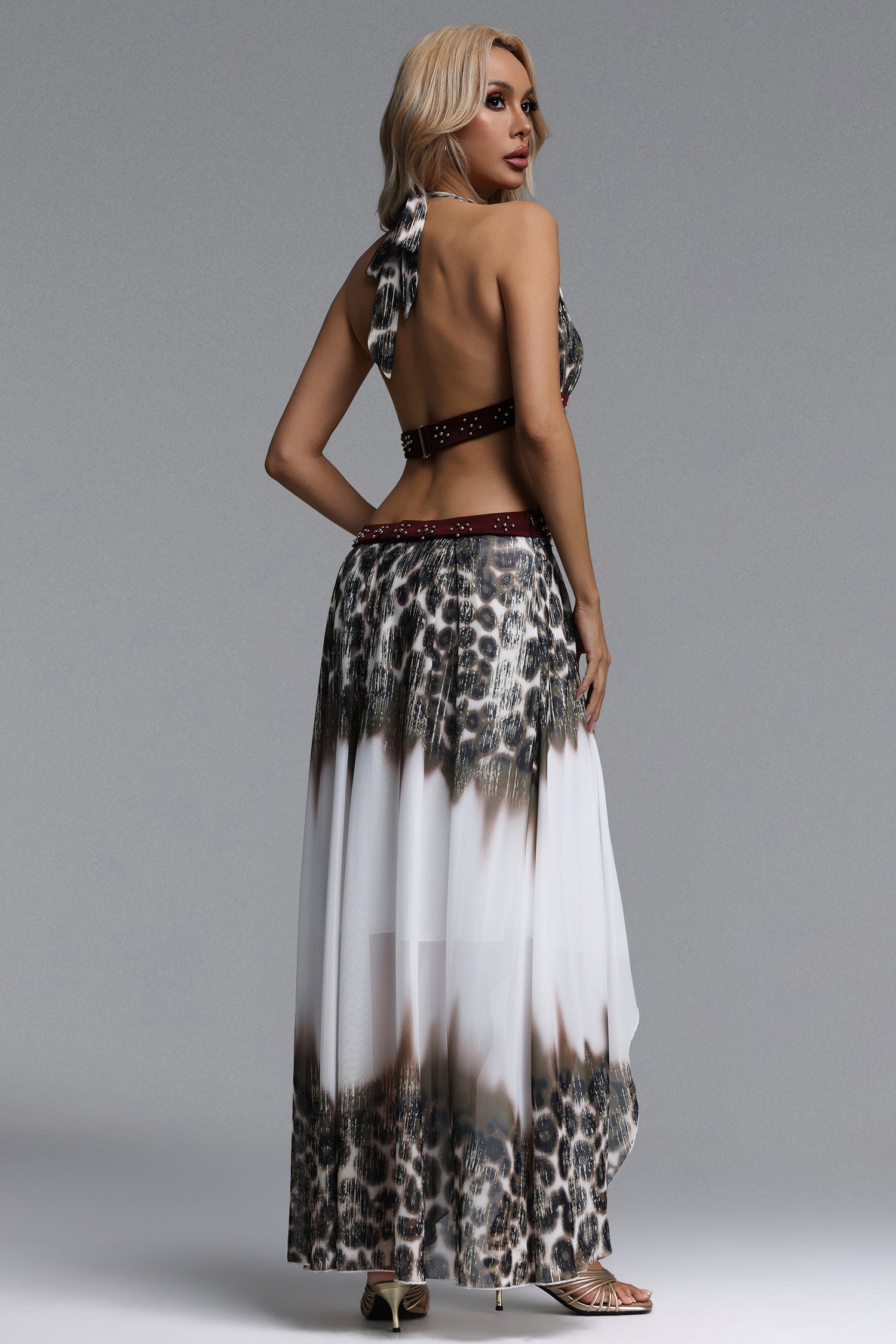 Hlasa Chic Flowy Halter V Neck Beaded Leopard Print Maxi Dress