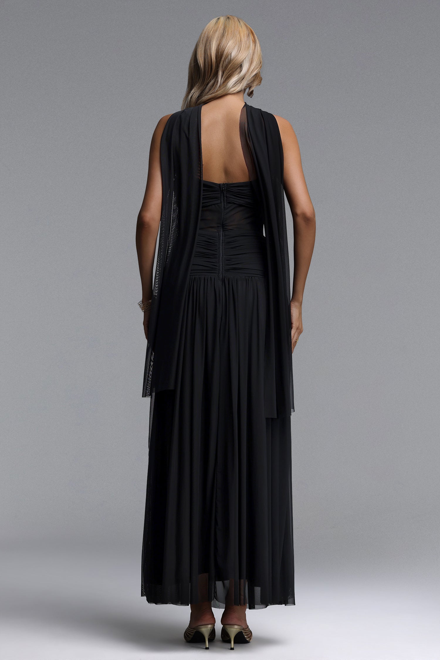 Matalin Classic Contour Ruched Mesh Black Maxi Dress