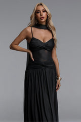 Matalin Classic Contour Ruched Mesh Black Maxi Dress