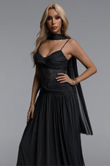 Matalin Classic Contour Ruched Mesh Black Maxi Dress