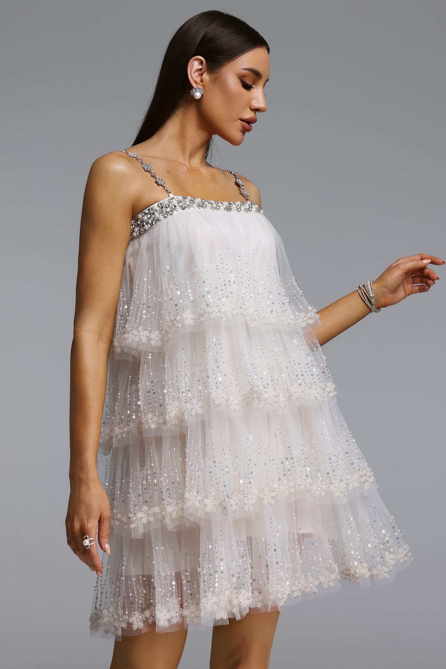 Umeko Elegant Flowy Tiered Ruffle Sequin Mini Dress