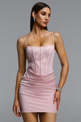 Slare Romantic Tailored Square Neck Pleated Lace Satin Mini Dress
