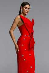 Ohney Chic Contour Strapless Asymmetric Rhinestone Red Maxi Dress