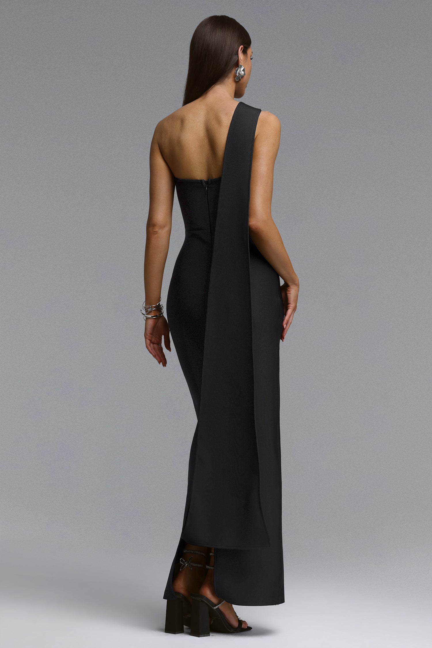 Fritia Elegant Contour One Shoulder Rhinestone Floral Bandage Maxi Dress
