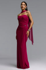 Yuma Elegant Flowy Strapless Cape Ruched Maxi Dress