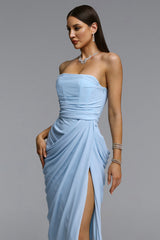 Tazeda Elegant Contour Strapless Ruched Mesh Maxi Dress