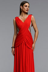 Kaia Chic Contour V Neck Metal Chain Pleated Maxi Dress