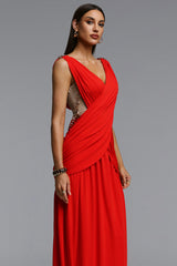 Kaia Chic Contour V Neck Metal Chain Pleated Maxi Dress