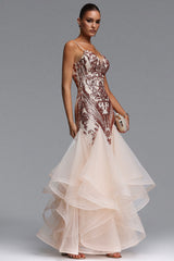 Valri Elegant Contour V Neck Sequin Pattern Maxi Dress