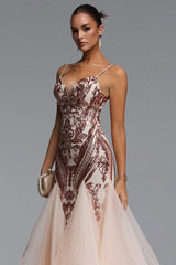 Valri Elegant Contour V Neck Sequin Pattern Maxi Dress