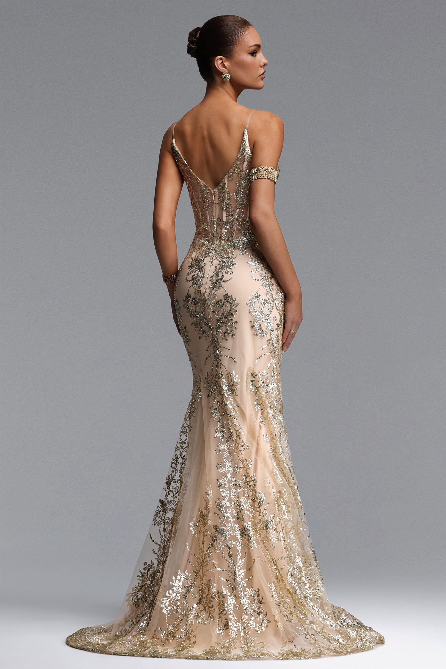 Miriam Elegant Contour V Neck Sequin Maxi Dress