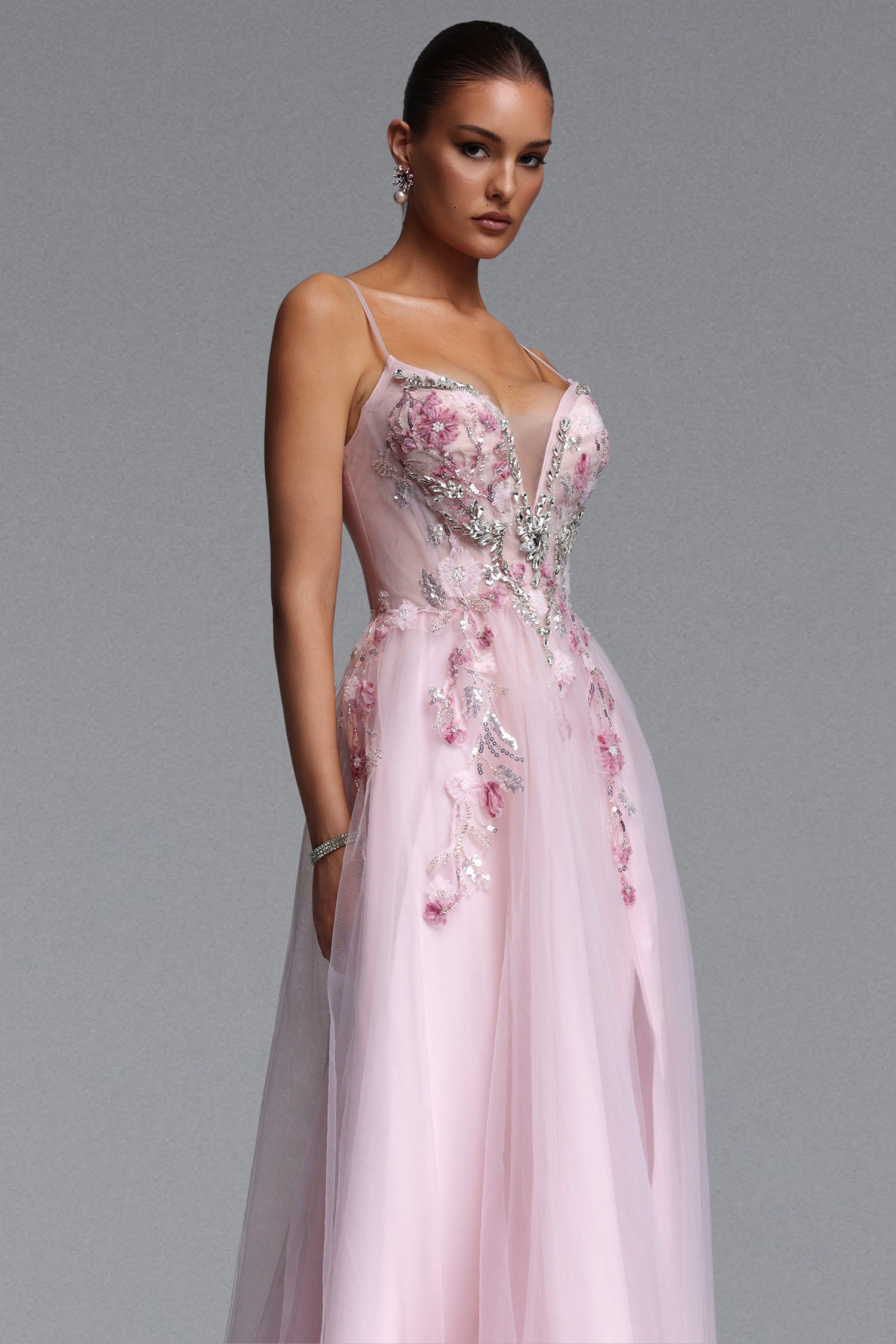Sissel Romantic Flowy Floral Applique Tulle Maxi Dress