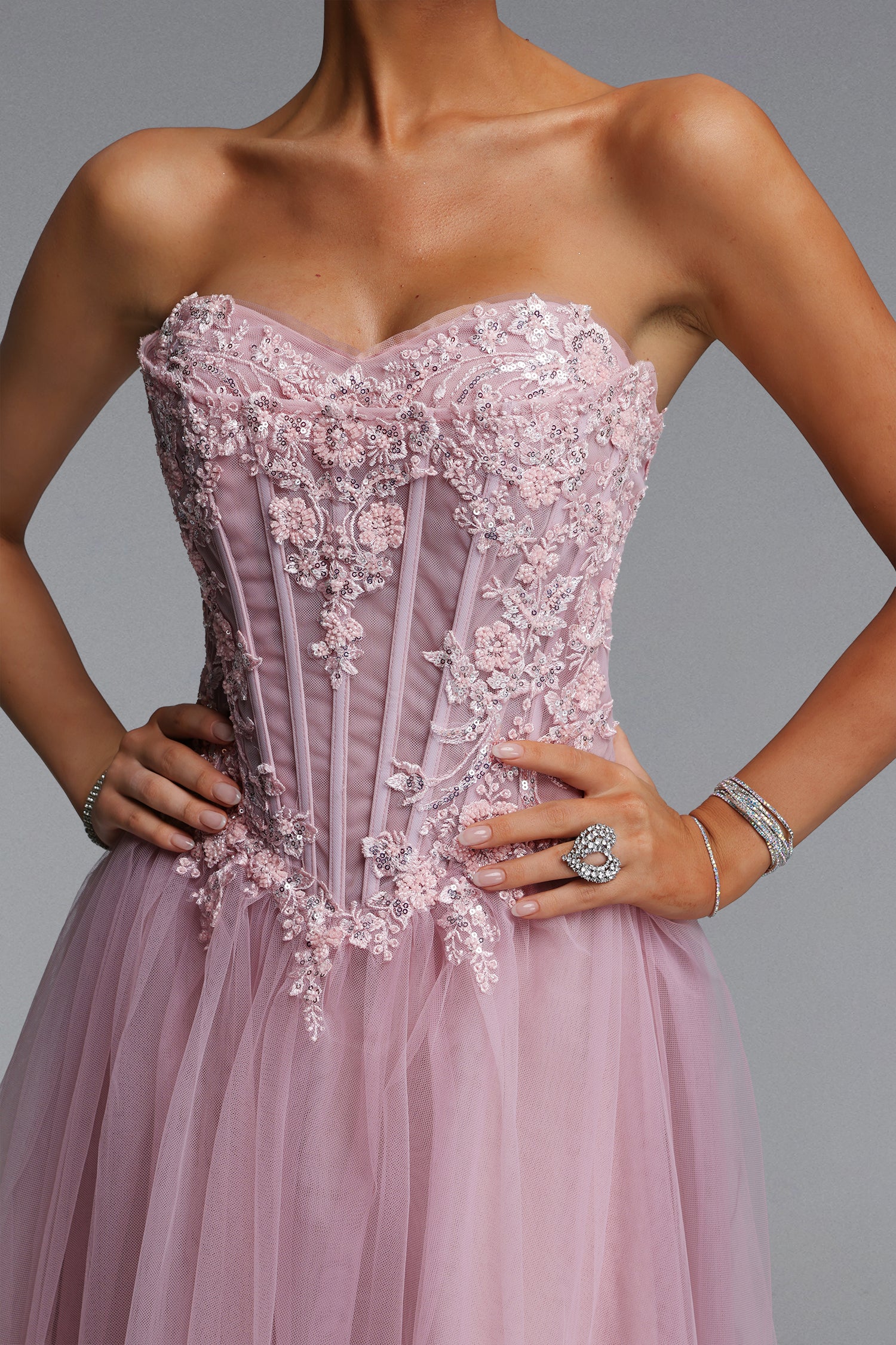 Lerae Romantic Tailored Strapless Embellished Tulle Maxi Dress