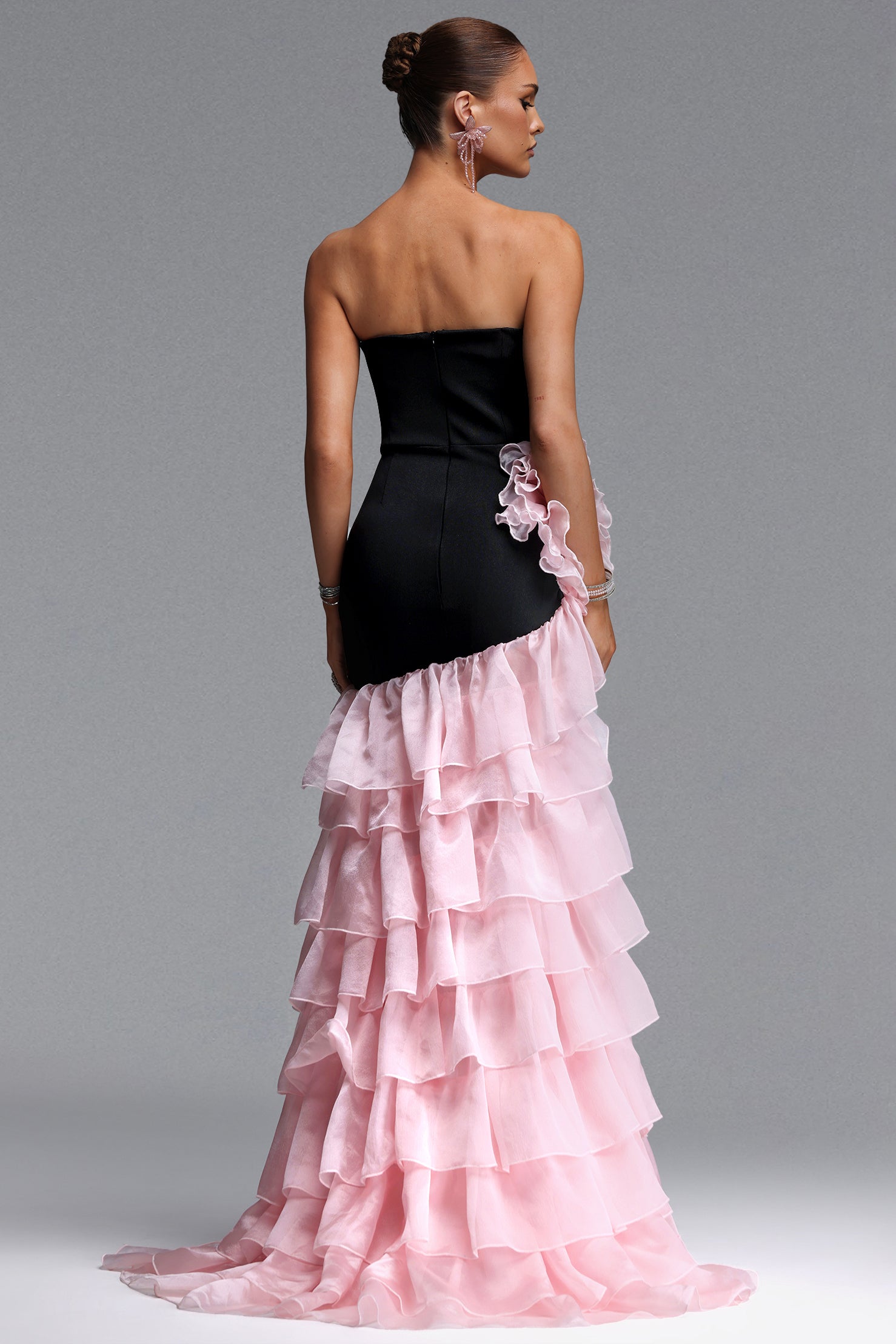 Dulio Romantic Contour Strapless Ruffle Floral Maxi Dress