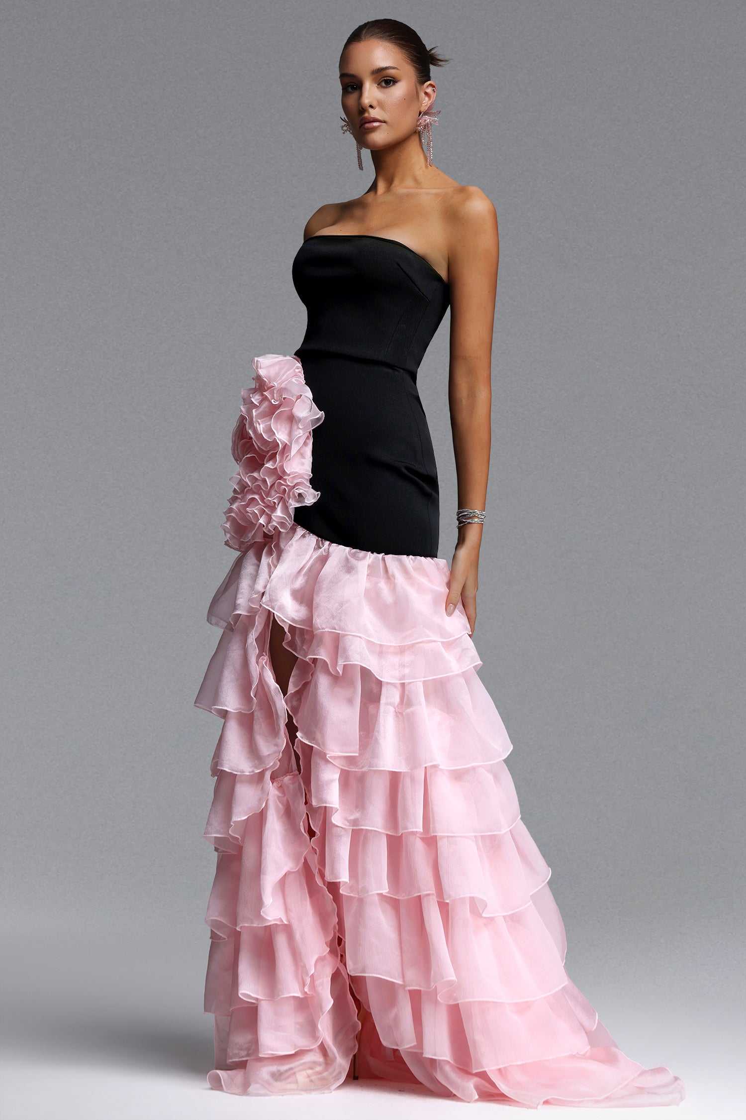 Dulio Romantic Contour Strapless Ruffle Floral Maxi Dress