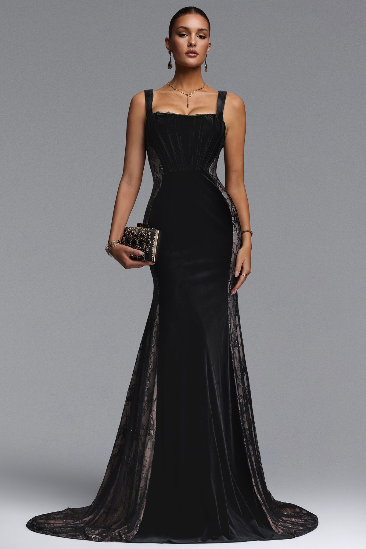 Kavaca Elegant Contour Square Neck Lace Velvet Maxi Dress
