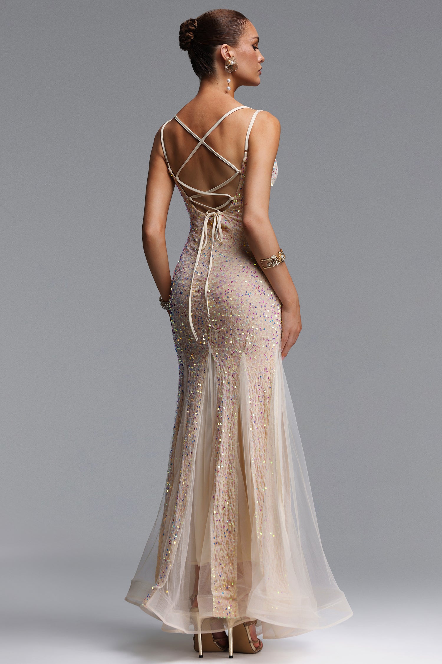 Vivian Romantic Contour V Neck Sequin Beige Maxi Dress