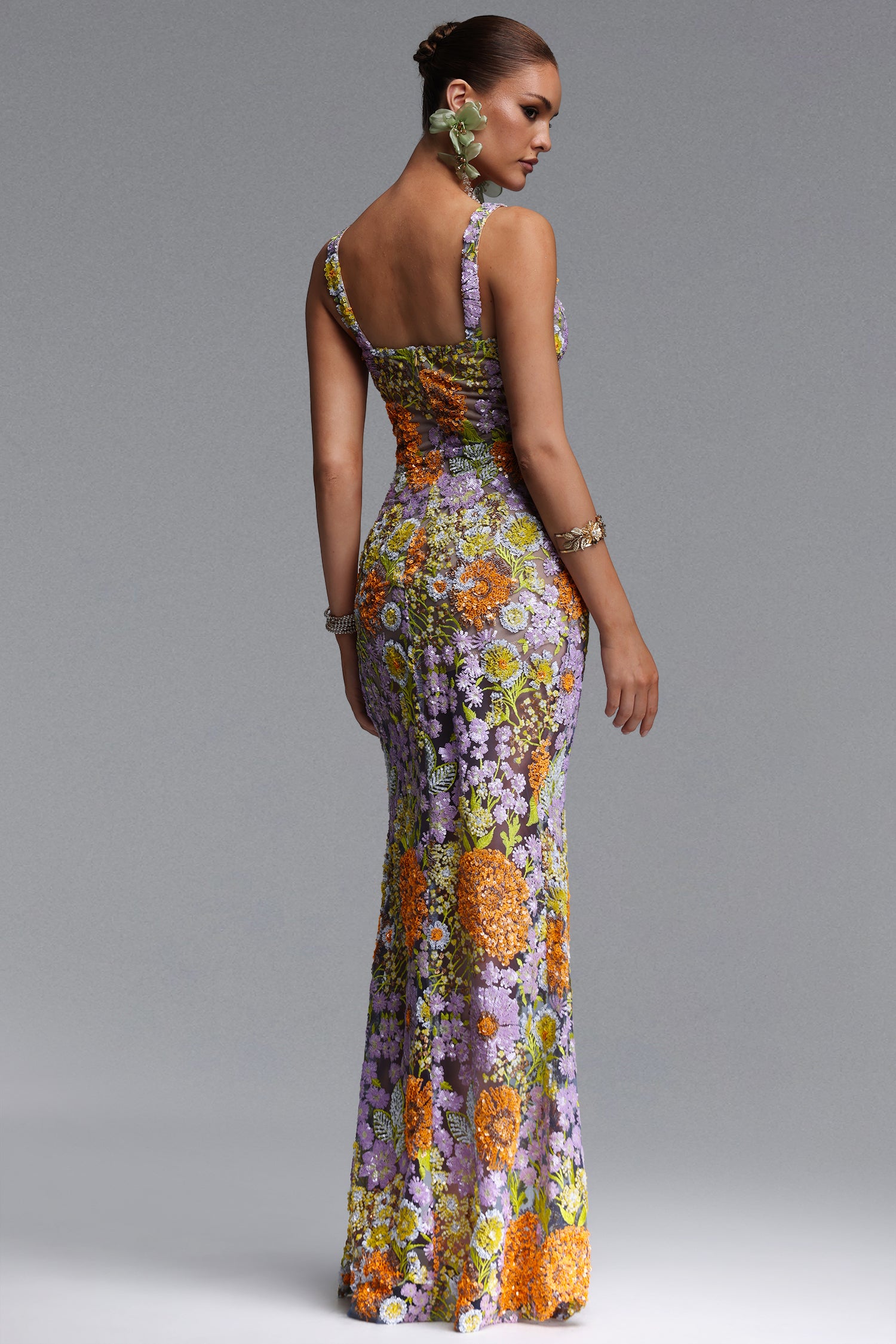 Larina Romantic Embellished Sequin Floral High Slit Maxi Dress