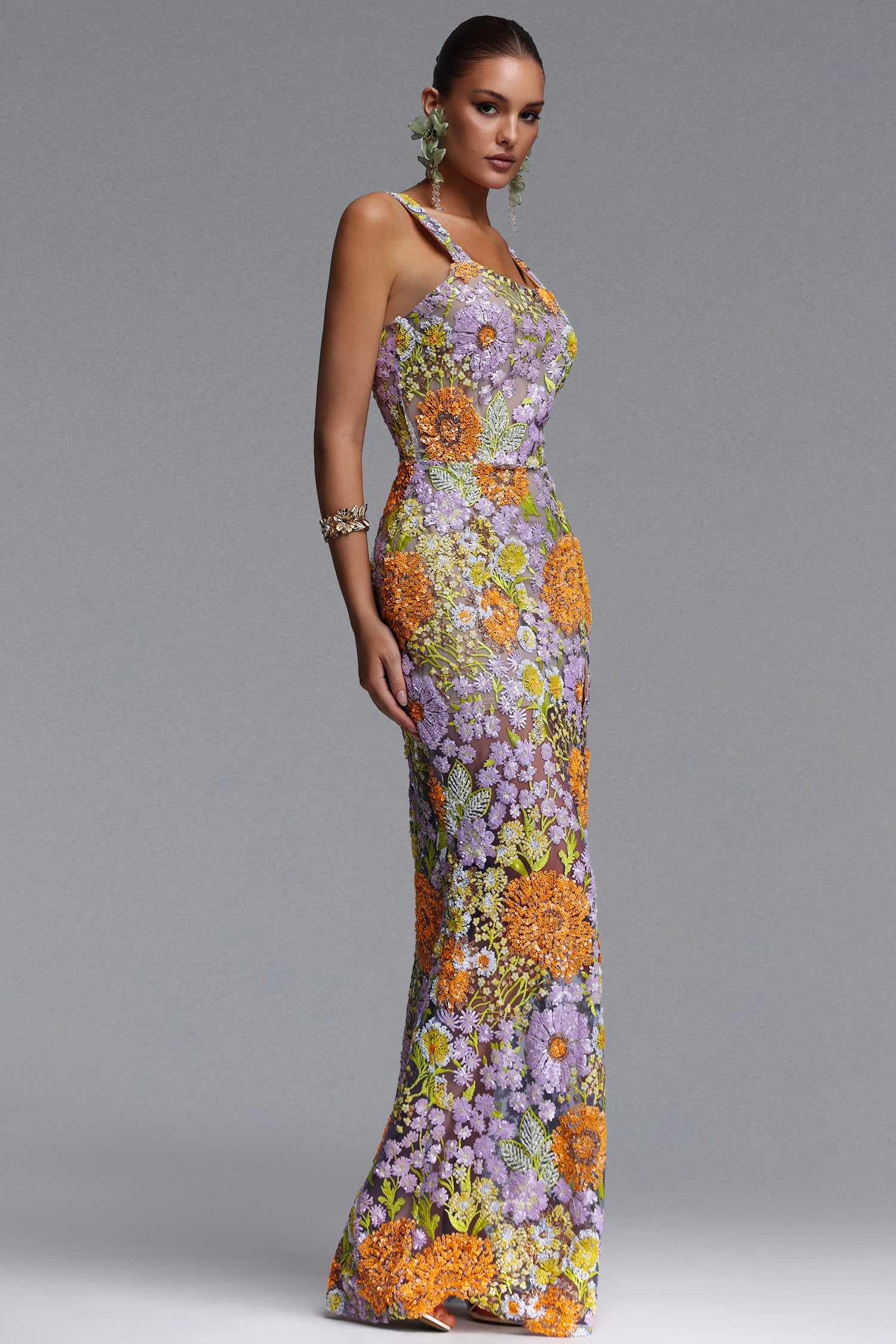 Larina Romantic Embellished Sequin Floral High Slit Maxi Dress