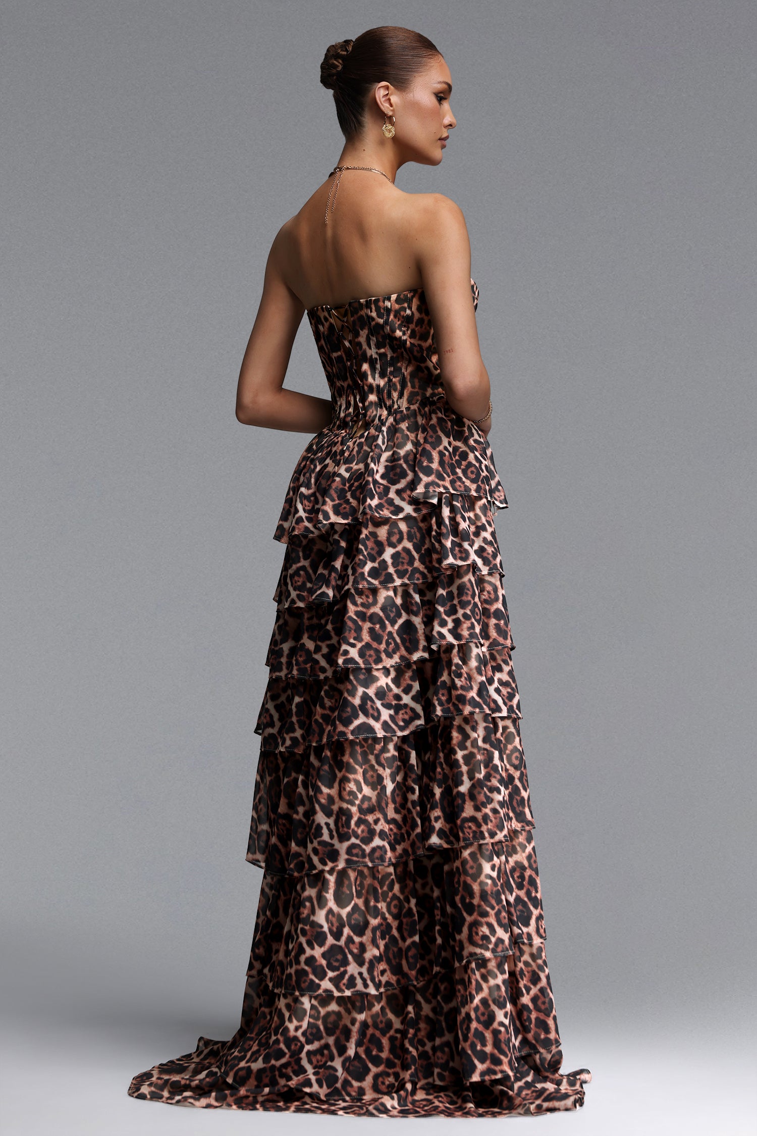 Pako Elegant Tailored Strapless Pleated Leopard Print Maxi Dress